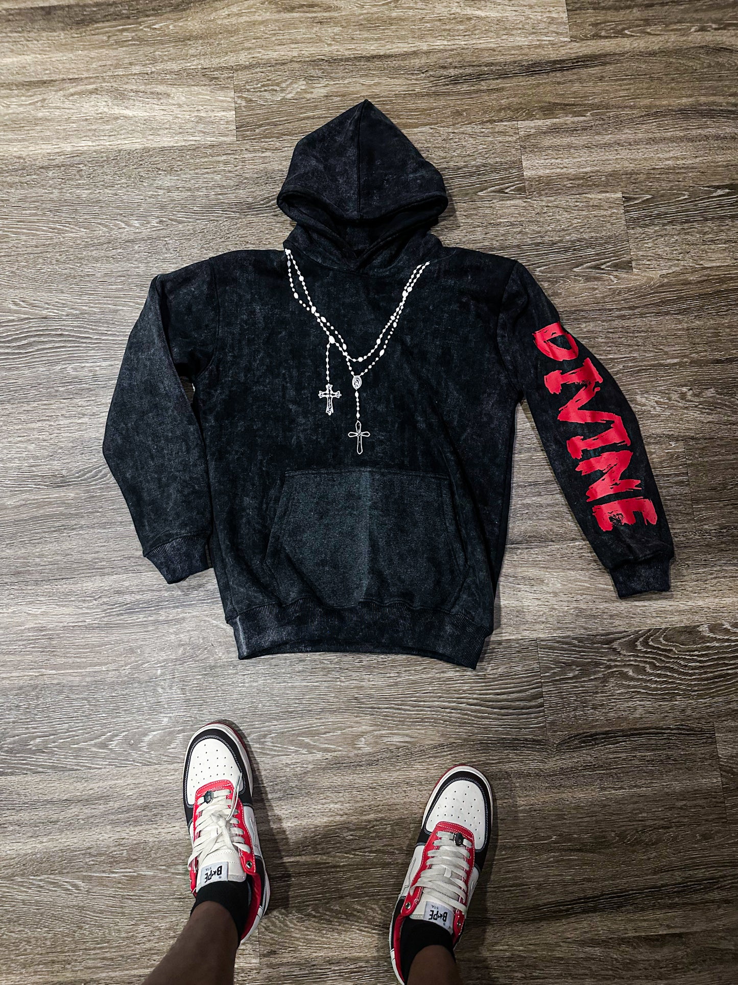 Heavy Weight Black Acid Wash "DIVINE" Hoodie