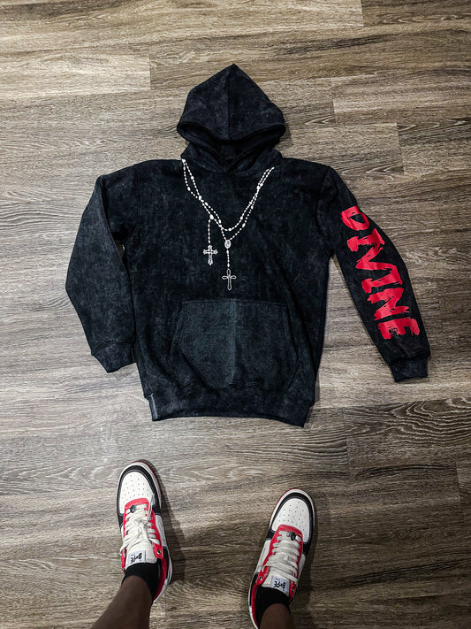Heavy Weight Black Acid Wash "DIVINE" Hoodie