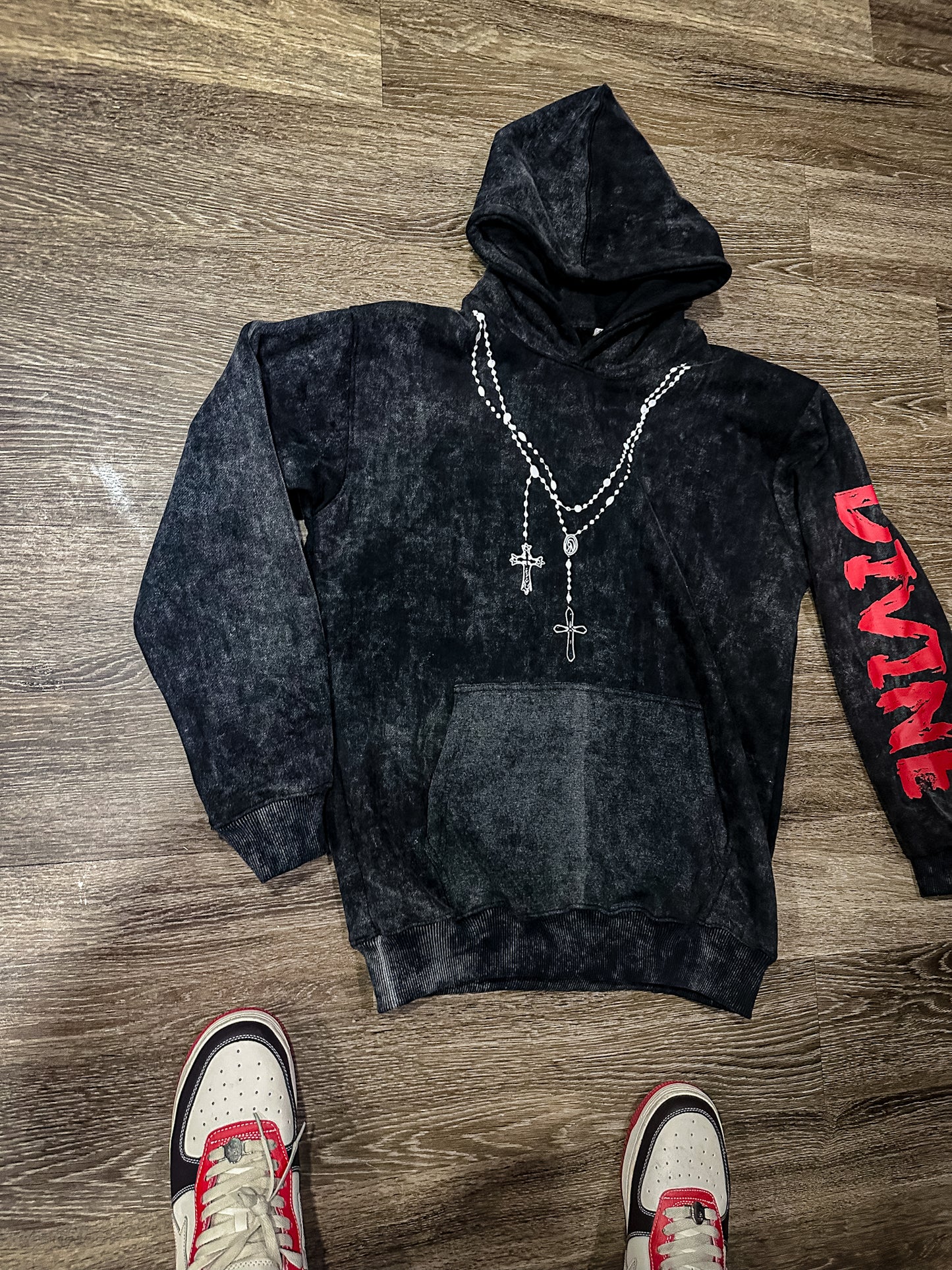Heavy Weight Black Acid Wash "DIVINE" Hoodie